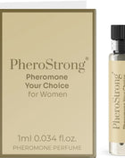 A sleek transparent glass vial with black ribbed cap and beige label containing pherostrong pheromone perfume for women 1 ml