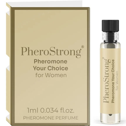 A sleek transparent glass vial with black ribbed cap and beige label containing pherostrong pheromone perfume for women 1 ml