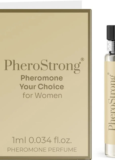A sleek transparent glass vial with black ribbed cap and beige label containing pherostrong pheromone perfume for women 1 ml