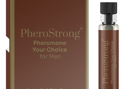 Ein eleganter transparenter glasflakon mit schwarzem geriffeltem verschluss und braunem etiket mit pherostrong pheromonparfüm für männer 1 ml