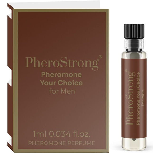Ein eleganter transparenter glasflakon mit schwarzem geriffeltem verschluss und braunem etiket mit pherostrong pheromonparfüm für männer 1 ml