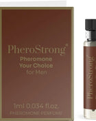 Ein eleganter transparenter glasflakon mit schwarzem geriffeltem verschluss und braunem etiket mit pherostrong pheromonparfüm für männer 1 ml