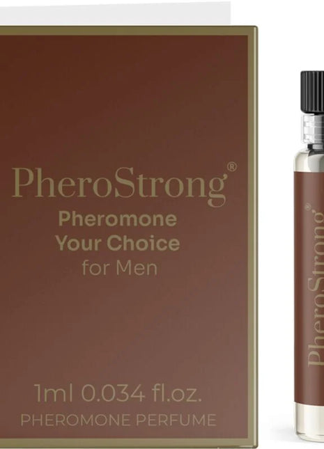 Ein eleganter transparenter glasflakon mit schwarzem geriffeltem verschluss und braunem etiket mit pherostrong pheromonparfüm für männer 1 ml