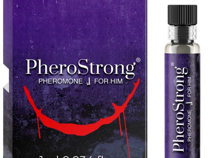 Purple und schwarze box mit rotem lächelndem design neben klarem glasflakon mit pherostrong pheromonparfüm für ihn 1 ml