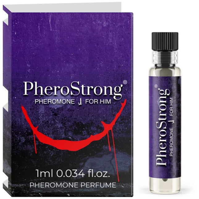 Purple und schwarze box mit rotem lächelndem design neben klarem glasflakon mit pherostrong pheromonparfüm für ihn 1 ml