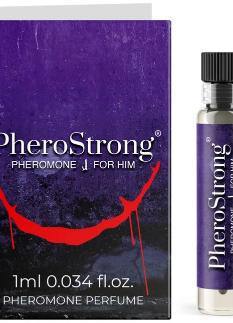 Purple und schwarze box mit rotem lächelndem design neben klarem glasflakon mit pherostrong pheromonparfüm für ihn 1 ml