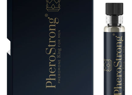 Pherostrong pheromon parfüm könig für männer 1 ml schwarz gold glasflasche mit schwarzem rippenverschluss und dunkelblauer verpackung