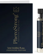 Pherostrong pheromon parfüm könig für männer 1 ml schwarz gold glasflasche mit schwarzem rippenverschluss und dunkelblauer verpackung