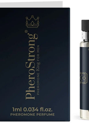 Pherostrong pheromon parfüm könig für männer 1 ml schwarz gold glasflasche mit schwarzem rippenverschluss und dunkelblauer verpackung