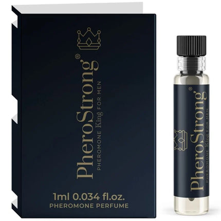 Pherostrong pheromon parfüm könig für männer 1 ml schwarz gold glasflasche mit schwarzem rippenverschluss und dunkelblauer verpackung