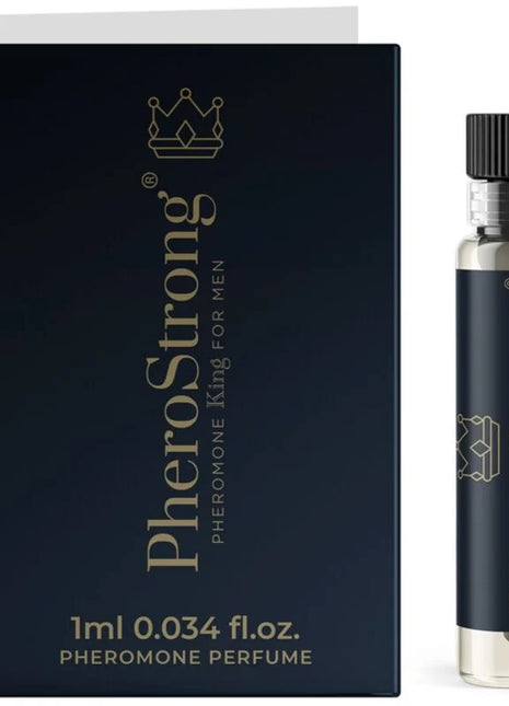 Pherostrong pheromon parfüm könig für männer 1 ml schwarz gold glasflasche mit schwarzem rippenverschluss und dunkelblauer verpackung