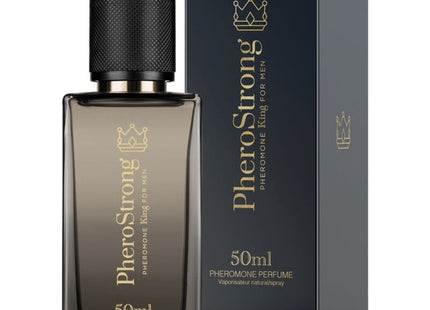 Dunkelgraue rechteckige glasflasche pherostrong pheromon könig für männer parfum 50 ml mit schwarzem deckel und goldener beschriftung