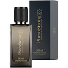 Dunkelgraue rechteckige glasflasche pherostrong pheromon könig für männer parfum 50 ml mit schwarzem deckel und goldener beschriftung
