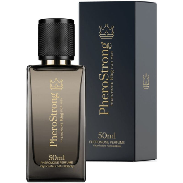 Dunkelgraue rechteckige glasflasche pherostrong pheromon könig für männer parfum 50 ml mit schwarzem deckel und goldener beschriftung