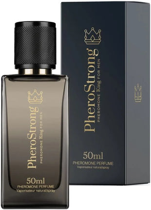 Dunkelgraue rechteckige glasflasche pherostrong pheromon könig für männer parfum 50 ml mit schwarzem deckel und goldener beschriftung