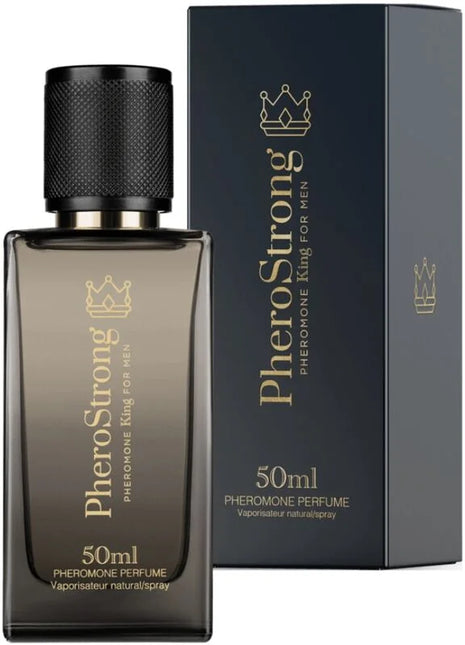 Dunkelgraue rechteckige glasflasche pherostrong pheromon könig für männer parfum 50 ml mit schwarzem deckel und goldener beschriftung
