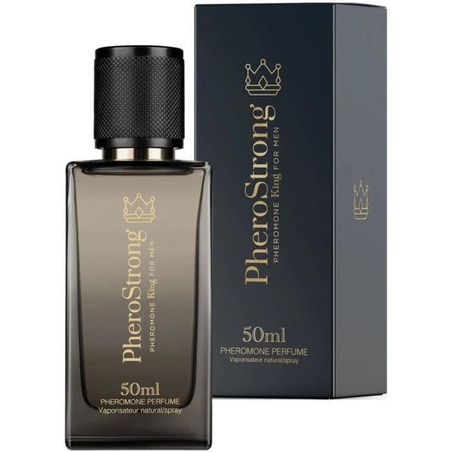 Dunkelgraue rechteckige glasflasche pherostrong pheromon könig für männer parfum 50 ml mit schwarzem deckel und goldener beschriftung