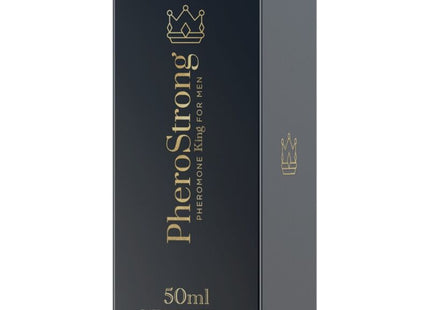 Schwarze rechteckige box für pherostrong pheromon parfüm könig für männer 50 ml mit goldener beschriftung und kronenlogo