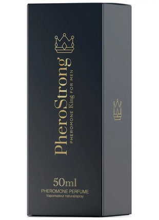 Schwarze rechteckige box für pherostrong pheromon parfüm könig für männer 50 ml mit goldener beschriftung und kronenlogo