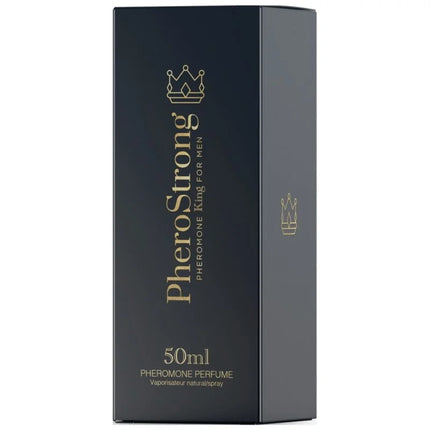 Schwarze rechteckige box für pherostrong pheromon parfüm könig für männer 50 ml mit goldener beschriftung und kronenlogo