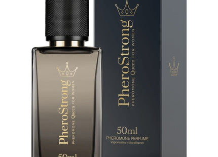 Dunkelgraue rechteckige glasflasche pherostrong pheromon parfum königin für frau 50 ml mit schwarzem strukturdeckel und goldenen buchstaben