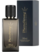 Dunkelgraue rechteckige glasflasche pherostrong pheromon parfum königin für frau 50 ml mit schwarzem strukturdeckel und goldenen buchstaben