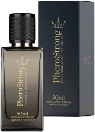 Dunkelgraue rechteckige glasflasche pherostrong pheromon parfum königin für frau 50 ml mit schwarzem strukturdeckel und goldenen buchstaben