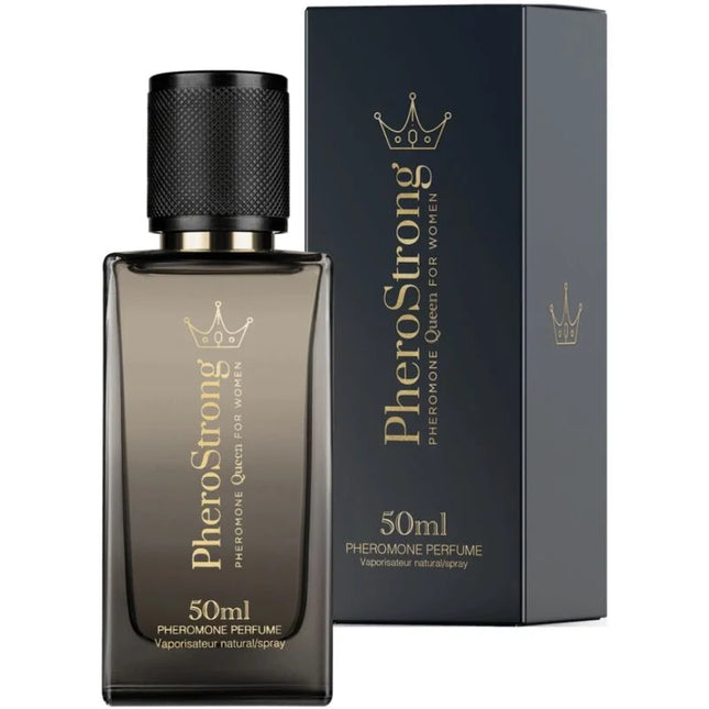 Dunkelgraue rechteckige glasflasche pherostrong pheromon parfum königin für frau 50 ml mit schwarzem strukturdeckel und goldenen buchstaben