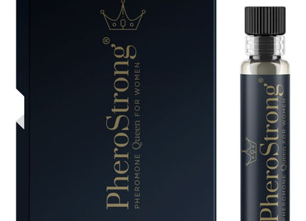 Pherostrong pheromon parfum königin für frauen 1 ml in schwarzer glasflasche mit schwarzem deckel neben dunkler blauer box