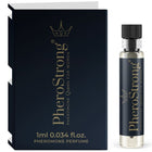 Pherostrong pheromon parfum königin für frauen 1 ml in schwarzer glasflasche mit schwarzem deckel neben dunkler blauer box