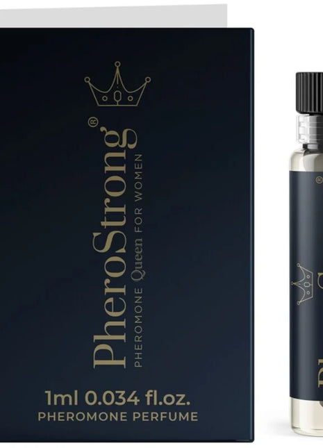 Pherostrong pheromon parfum königin für frauen 1 ml in schwarzer glasflasche mit schwarzem deckel neben dunkler blauer box