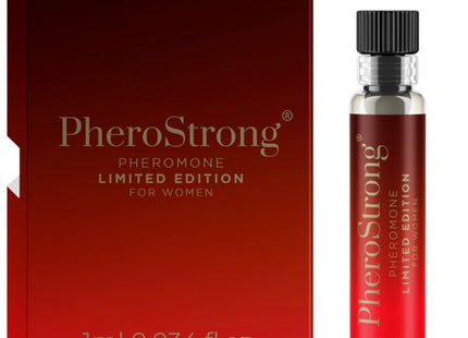 Ein schlanker transparenter glasflakon mit schwarzem geriffeltem verschluss und rotem pherostrong etikett für damen pheromon parfum limited edition 1 ml