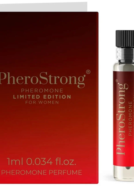 Ein schlanker transparenter glasflakon mit schwarzem geriffeltem verschluss und rotem pherostrong etikett für damen pheromon parfum limited edition 1 ml