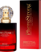 Rote glasflasche pherostrong pheromon parfum mit facettiertem kristallverschluss und goldenen akzenten 50 ml