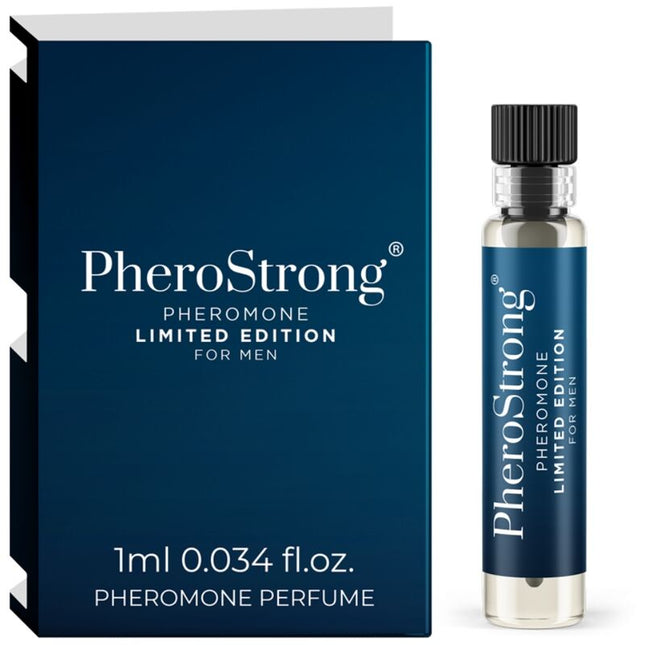 Ein schlankes, transparentes glasfläschchen mit schwarzem rippverschluss und navyblauem etikett pherostrong pheromonparfüm limitierte edition für männer 1 ml