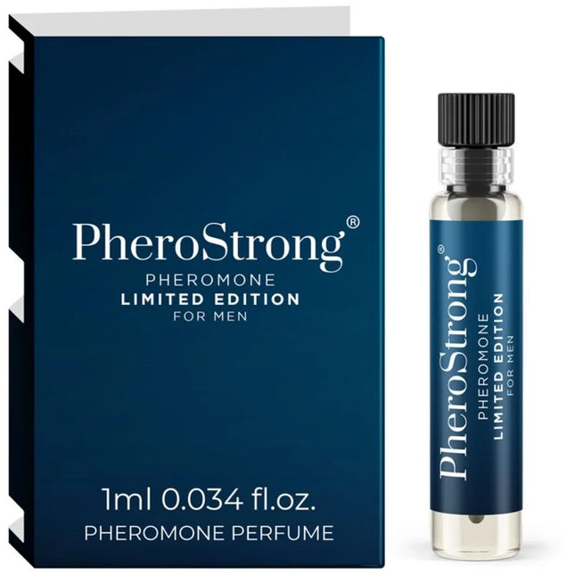 Ein schlankes, transparentes glasfläschchen mit schwarzem rippverschluss und navyblauem etikett pherostrong pheromonparfüm limitierte edition für männer 1 ml