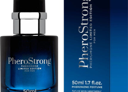 Blaues glasflakon pherostrong pheromon parfum für männer 50 ml mit schwarzem cap und silbernem metallband