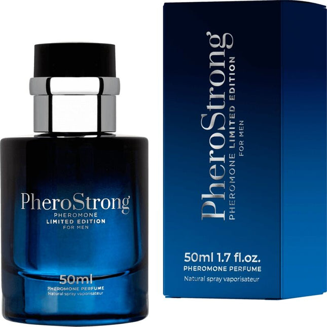 Blaues glasflakon pherostrong pheromon parfum für männer 50 ml mit schwarzem cap und silbernem metallband