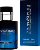 Blaues glasflakon pherostrong pheromon parfum für männer 50 ml mit schwarzem cap und silbernem metallband