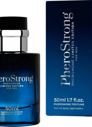 Blaues glasflakon pherostrong pheromon parfum für männer 50 ml mit schwarzem cap und silbernem metallband