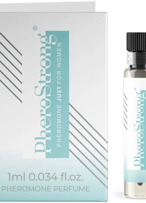 Pherostrong pheromon parfum nur für frauen 1 ml in transparenter glasflasche mit schwarzem geriffeltem deckel und minimalistischem etikett