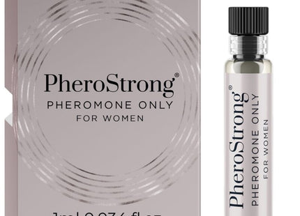 Silverfarbene Glasflasche mit schwarzem Rippdeckel und klarer Flüssigkeit für Pherostrong pheromonparfüm nur für Frauen 1 ml