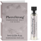 Silverfarbene Glasflasche mit schwarzem Rippdeckel und klarer Flüssigkeit für Pherostrong pheromonparfüm nur für Frauen 1 ml