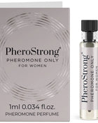 Silverfarbene Glasflasche mit schwarzem Rippdeckel und klarer Flüssigkeit für Pherostrong pheromonparfüm nur für Frauen 1 ml