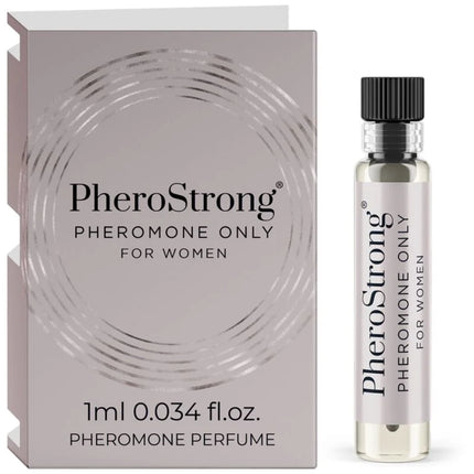 Silverfarbene Glasflasche mit schwarzem Rippdeckel und klarer Flüssigkeit für Pherostrong pheromonparfüm nur für Frauen 1 ml