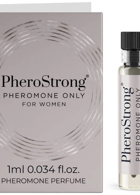 Silverfarbene Glasflasche mit schwarzem Rippdeckel und klarer Flüssigkeit für Pherostrong pheromonparfüm nur für Frauen 1 ml