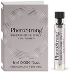 Silverfarbene Glasflasche mit schwarzem Rippdeckel und klarer Flüssigkeit für Pherostrong pheromonparfüm nur für Frauen 1 ml