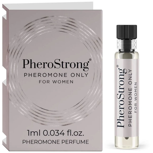 Silverfarbene Glasflasche mit schwarzem Rippdeckel und klarer Flüssigkeit für Pherostrong pheromonparfüm nur für Frauen 1 ml
