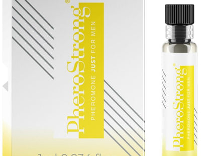 Ein schlanker transparenter glasflakon mit schwarzem rippverschluss und gelbem etiket pherostrong pheromon parfum für männer 1 ml