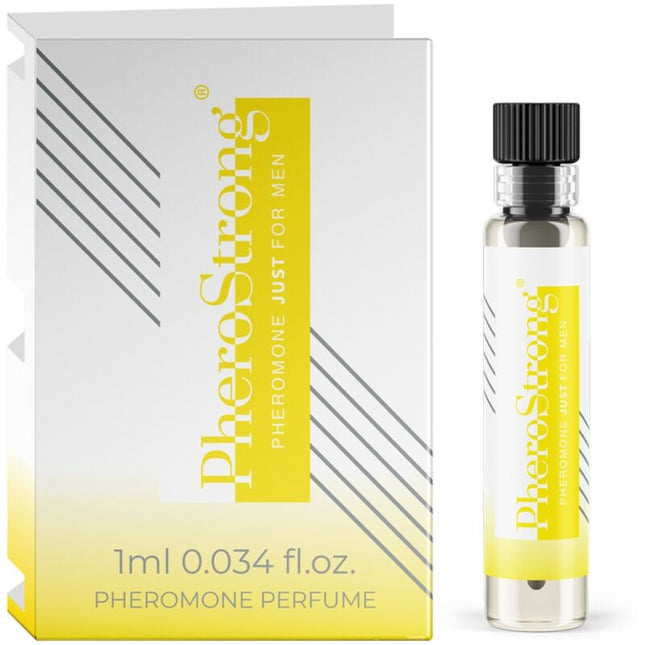 Ein schlanker transparenter glasflakon mit schwarzem rippverschluss und gelbem etiket pherostrong pheromon parfum für männer 1 ml